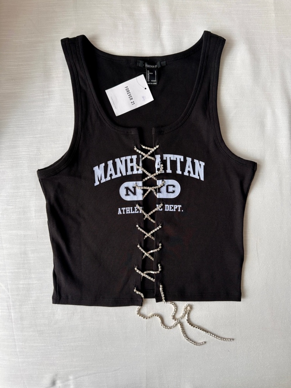 Women’s Forever 21 Tank Top with rhinestone lace up detail festival top, NWT, L